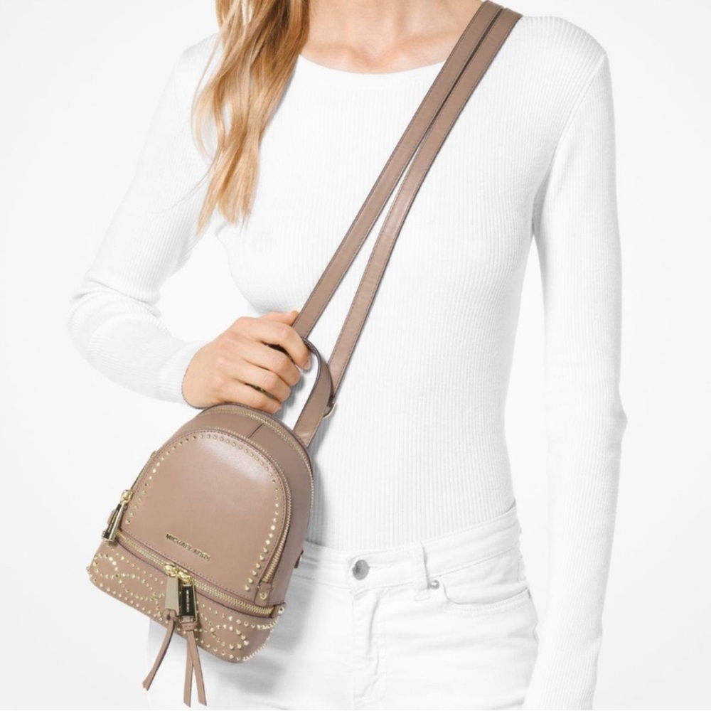 Michael Kors Rhea Studded Leather Mini Backpack in Taupe - Picture 2 of 16